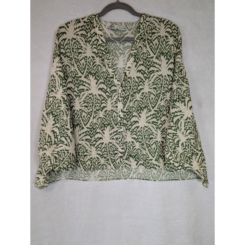 Zara Green Tropical Palm Print Dolman Sleeve Button Front Blouse Size S 4437/251